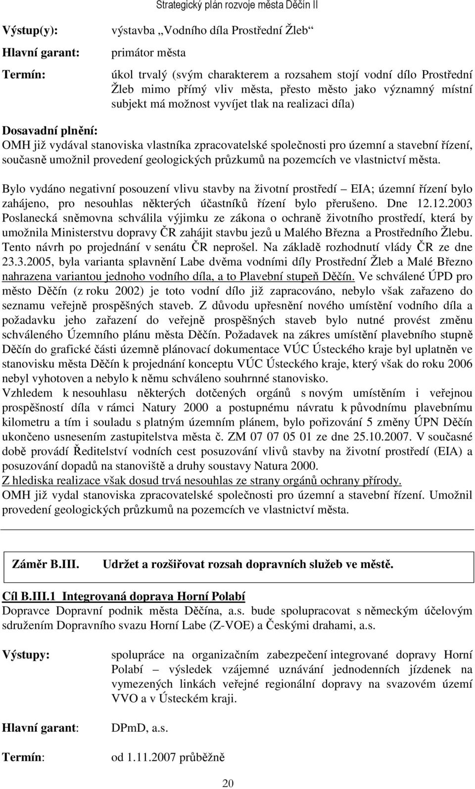 vlastnictví města. Bylo vydáno negativní posouzení vlivu stavby na životní prostředí EIA; územní řízení bylo zahájeno, pro nesouhlas některých účastníků řízení bylo přerušeno. Dne 12.