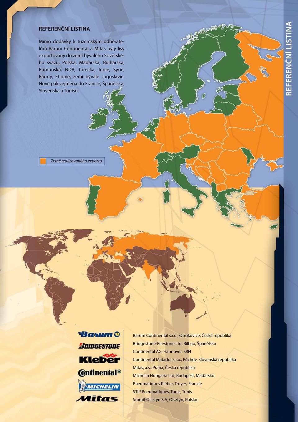 Referenční listina Země realizovaného exportu Barum Continental s.r.o., Otrokovice, Česká republika Bridgestone-Firestone Ltd, Bilbao, Španělsko Continental AG, Hannover, SRN Continental Matador s.