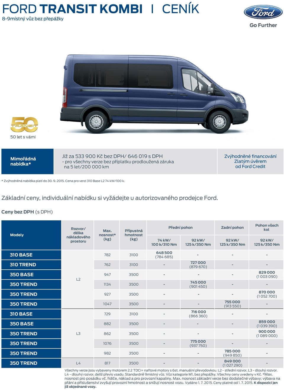 Základní ceny, individuální nabídku si vyžádejte u autorizovaného prodejce Ford. Ceny bez DPH (s DPH) Modely Rozvor/ délka nákladového prostoru Max.