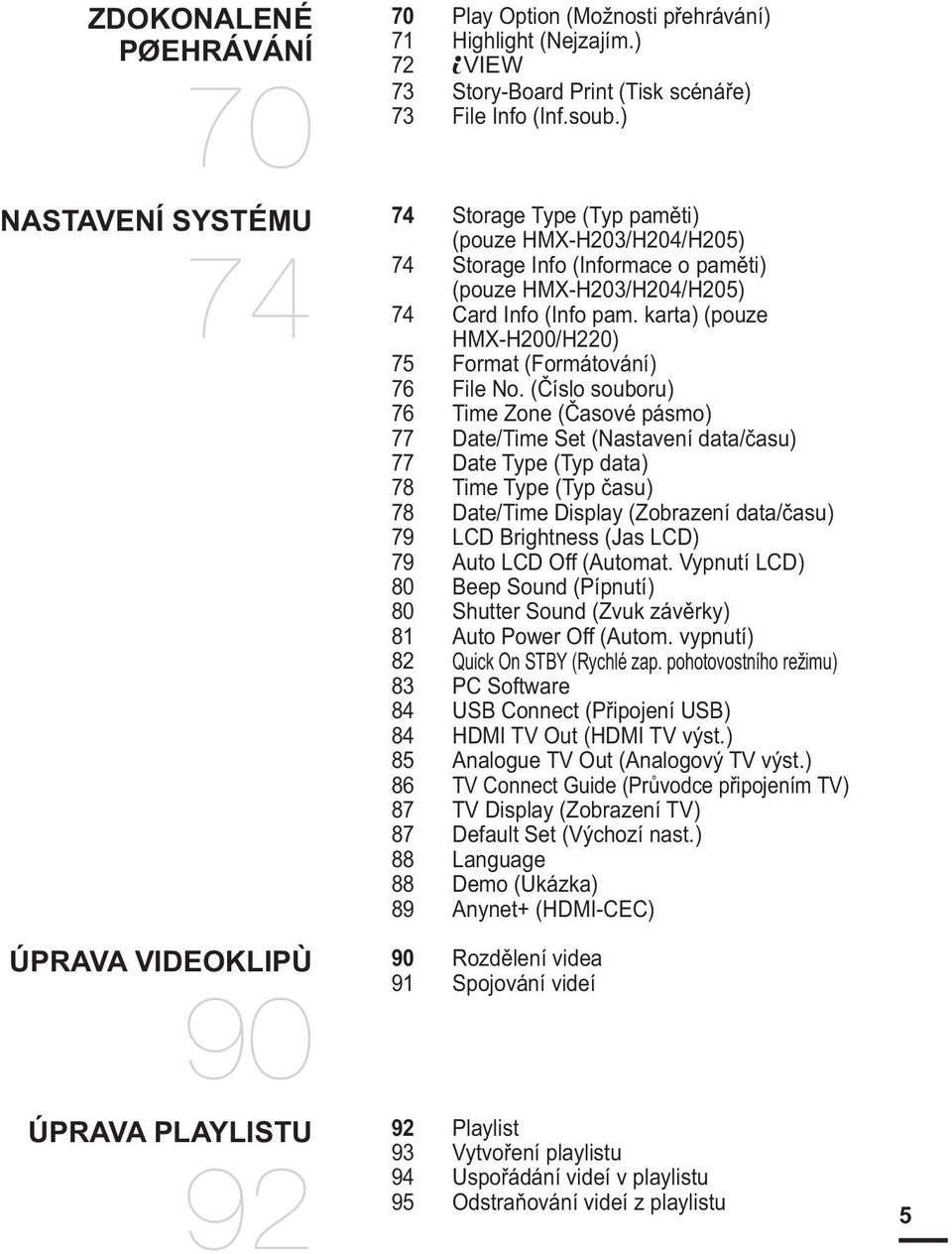 karta) (pouze HMX-H200/H220) 75 Format (Formátování) 76 File No.