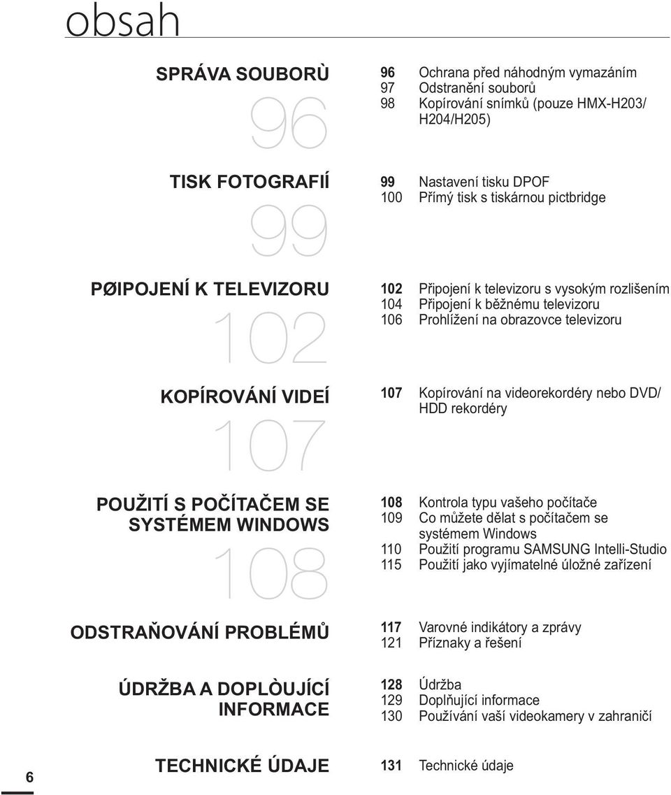 rozlišením 104 Připojení k běžnému televizoru 106 Prohlížení na obrazovce televizoru 107 Kopírování na videorekordéry nebo DVD/ HDD rekordéry 108 Kontrola typu vašeho počítače 109 Co můžete dělat s