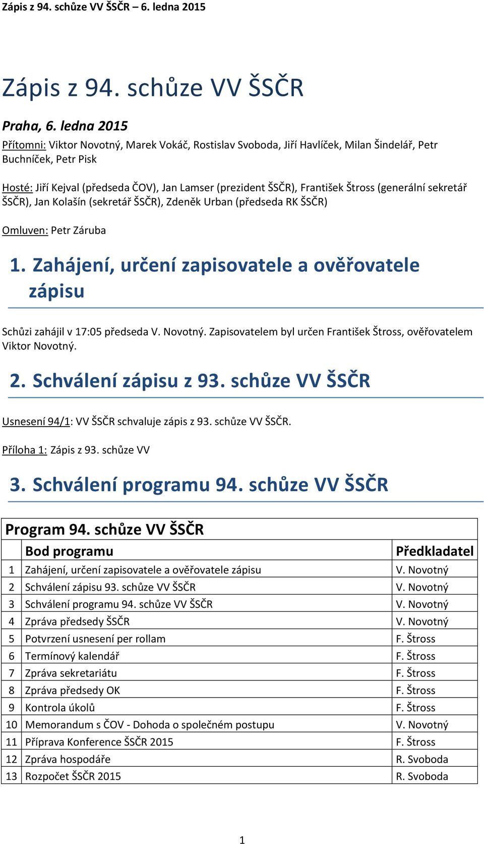 Štross (generální sekretář ŠSČR), Jan Kolašín (sekretář ŠSČR), Zdeněk Urban (předseda RK ŠSČR) Omluven: Petr Záruba 1.