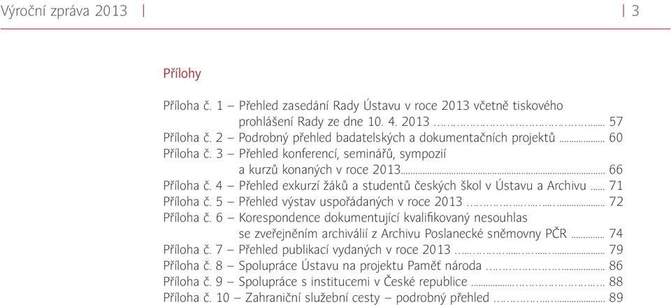 4 Přehled exkurzí žáků a studentů českých škol v Ústavu a Archivu... 71 Příloha č. 5 Přehled výstav uspořádaných v roce 2013......... 72 Příloha č.