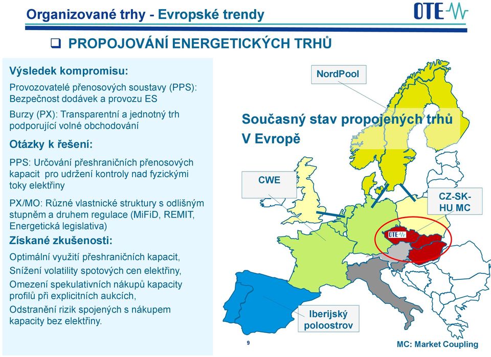 PX/MO: Různé vlastnické struktury s odlišným stupněm a druhem regulace (MiFiD, REMIT, Energetická legislativa) Získané zkušenosti: CWE CZ-SK- HU MC Optimální využití přeshraničních kapacit, Snížení