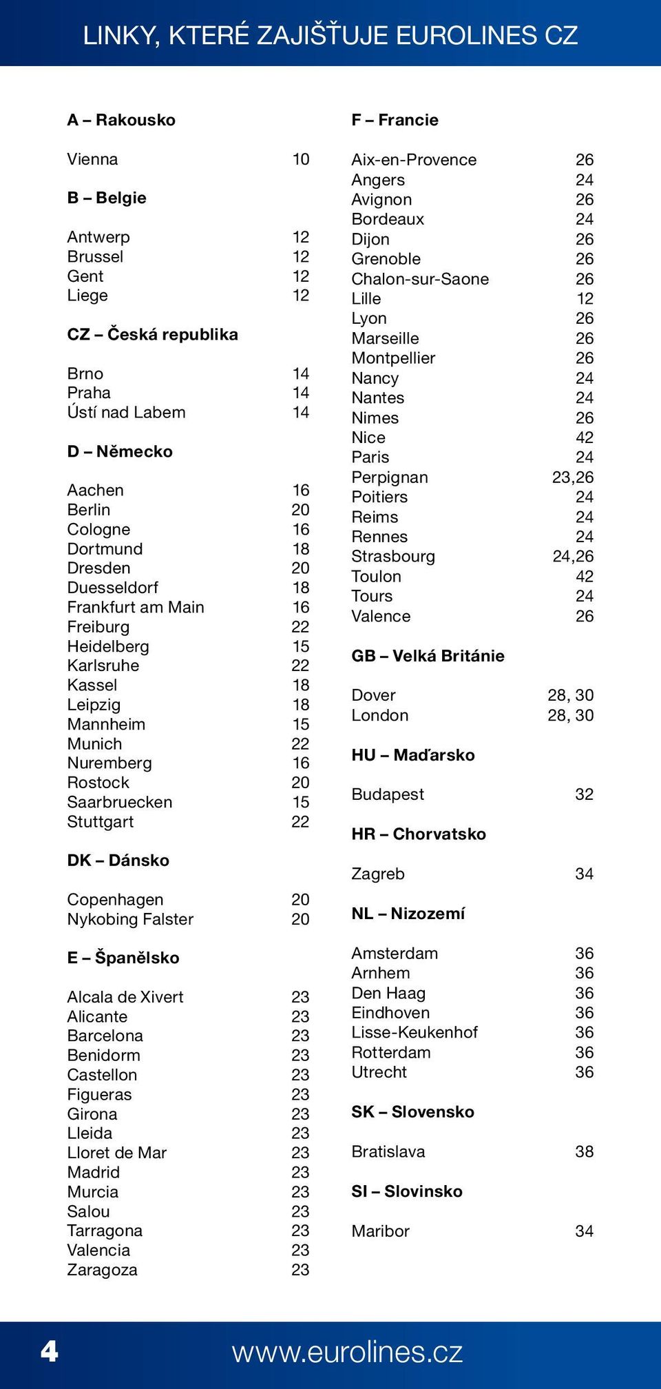 Dánsko Copenhagen 20 Nykobing Falster 20 E Španělsko Alcala de Xivert 23 Alicante 23 Barcelona 23 Benidorm 23 Castellon 23 Figueras 23 Girona 23 Lleida 23 Lloret de Mar 23 Madrid 23 Murcia 23 Salou