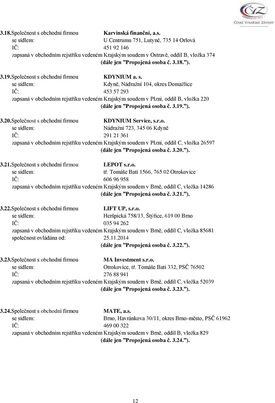 3.19. ). 3.20.Společnost s obchodní firmou KDYNIUM Service, s.r.o. Nádražní 723, 345 06 Kdyně IČ: 291 21 361 zapsaná v obchodním rejstříku vedeném Krajským soudem v Plzni, oddíl C, vložka 26597 (dále jen Propojená osoba č.