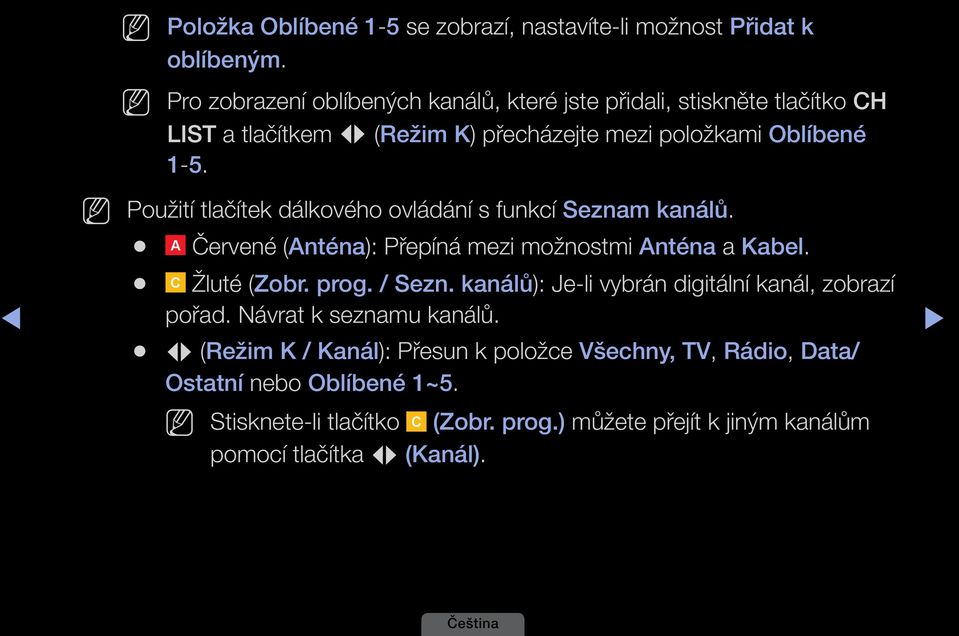 N Použití tlačítek dálkového ovládání s funkcí Seznam kanálů. C A Červené B D (Anténa): Přepíná mezi možnostmi Anténa a Kabel. C Žluté A B (Zobr. D prog. / Sezn.