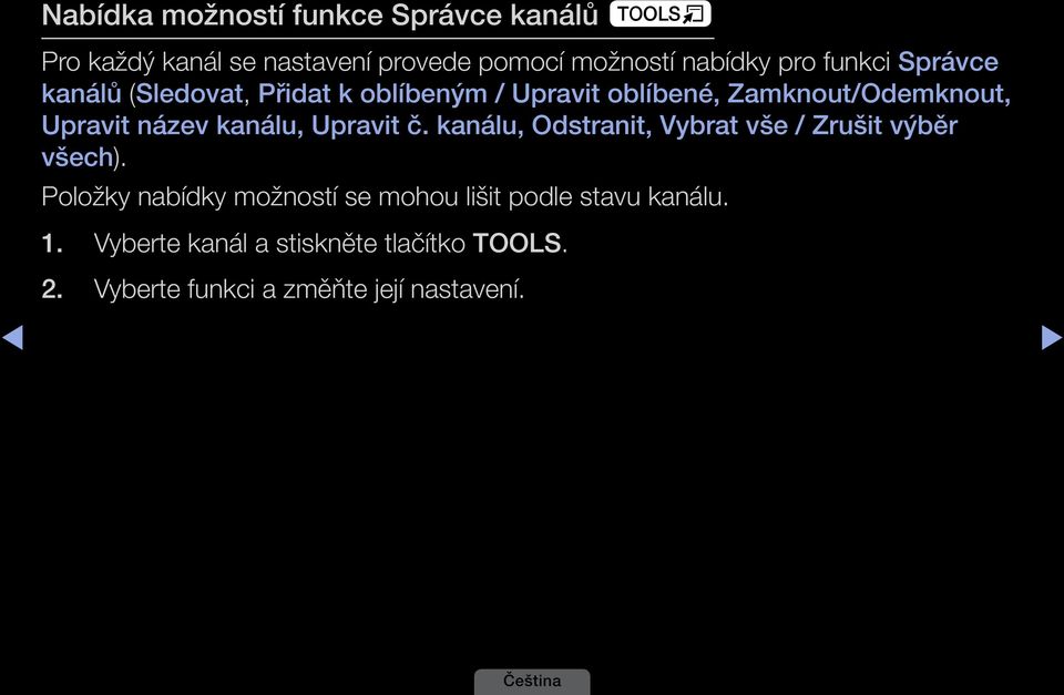 kanálu, Upravit č. kanálu, Odstranit, Vybrat vše / Zrušit výběr všech).