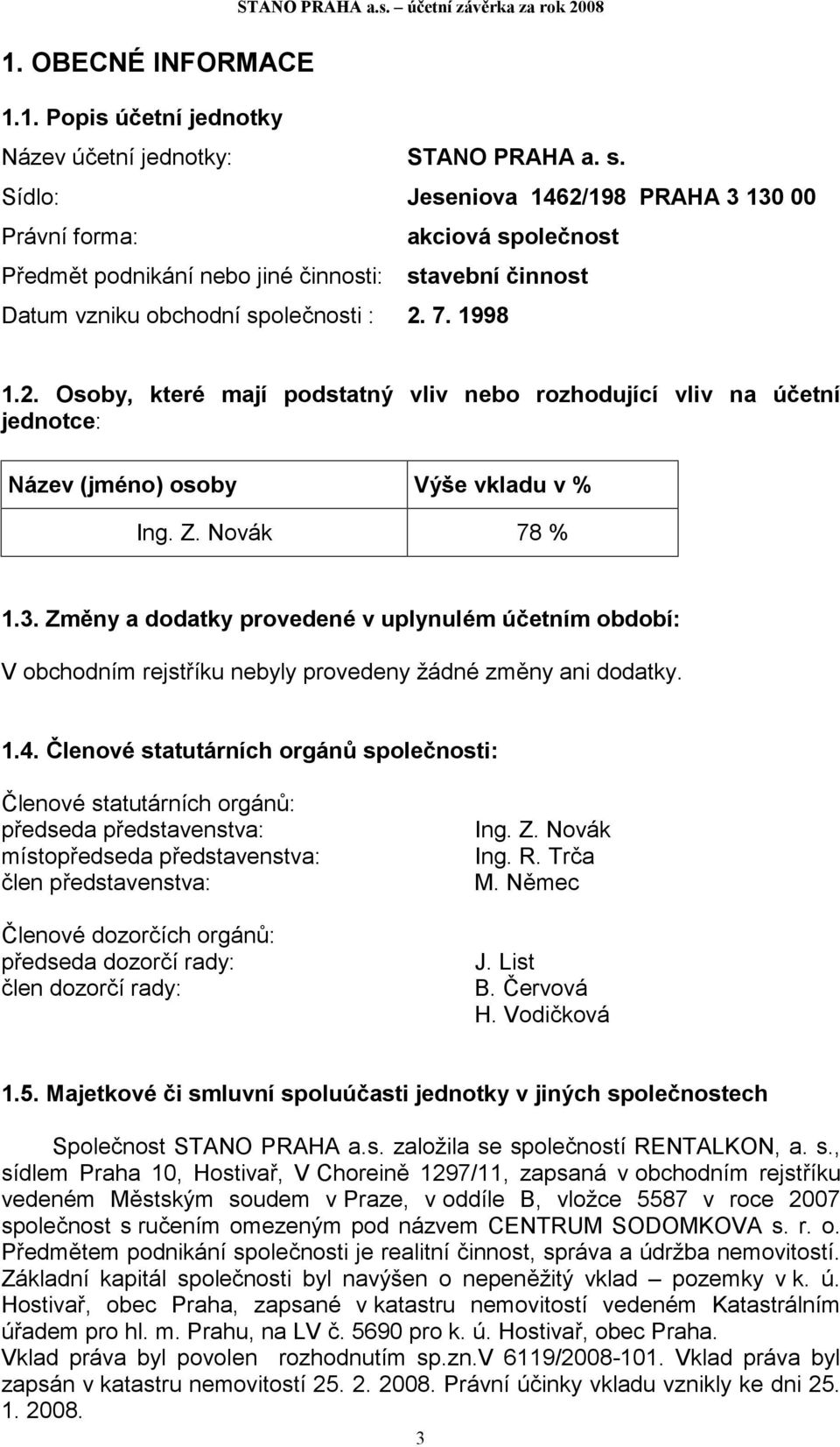 Osoby, které mají podstatný vliv nebo rozhodující vliv na účetní jednotce: Název (jméno) osoby Výše vkladu v % Ing. Z. Novák 78 % 1.3.