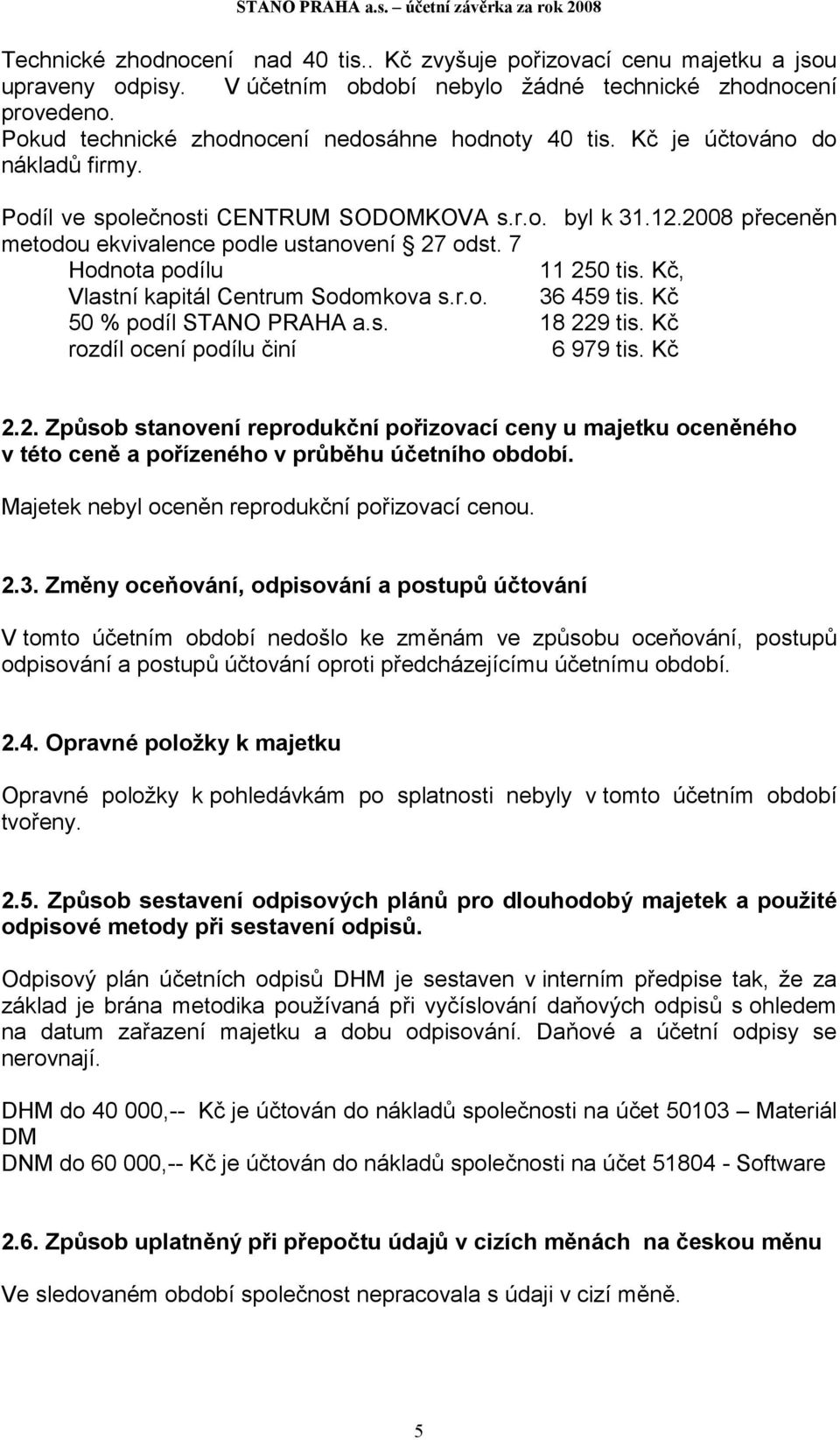 12008 přeceněn metodou ekvivalence podle ustanovení 27 odst. 7 Hodnota podílu 11 250 tis. Kč, Vlastní kapitál Centrum Sodomkova s.r.o. 36 459 tis. Kč 50 % podíl STANO PRAHA a.s. 18 229 tis.