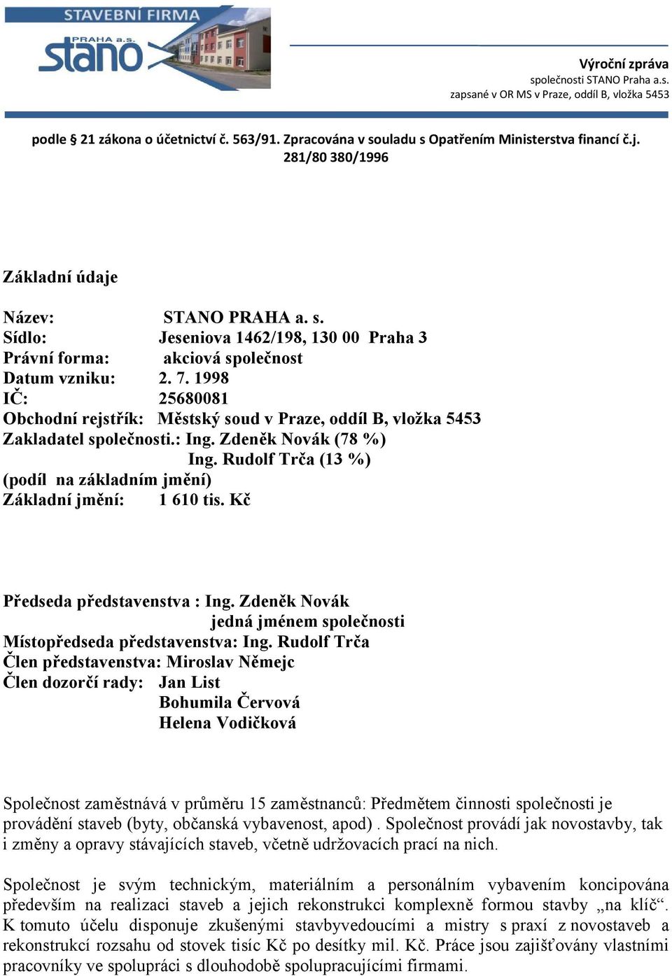 1998 IČ: 25680081 Obchodní rejstřík: Městský soud v Praze, oddíl B, vložka 5453 Zakladatel společnosti.: Ing. Zdeněk Novák (78 %) Ing.