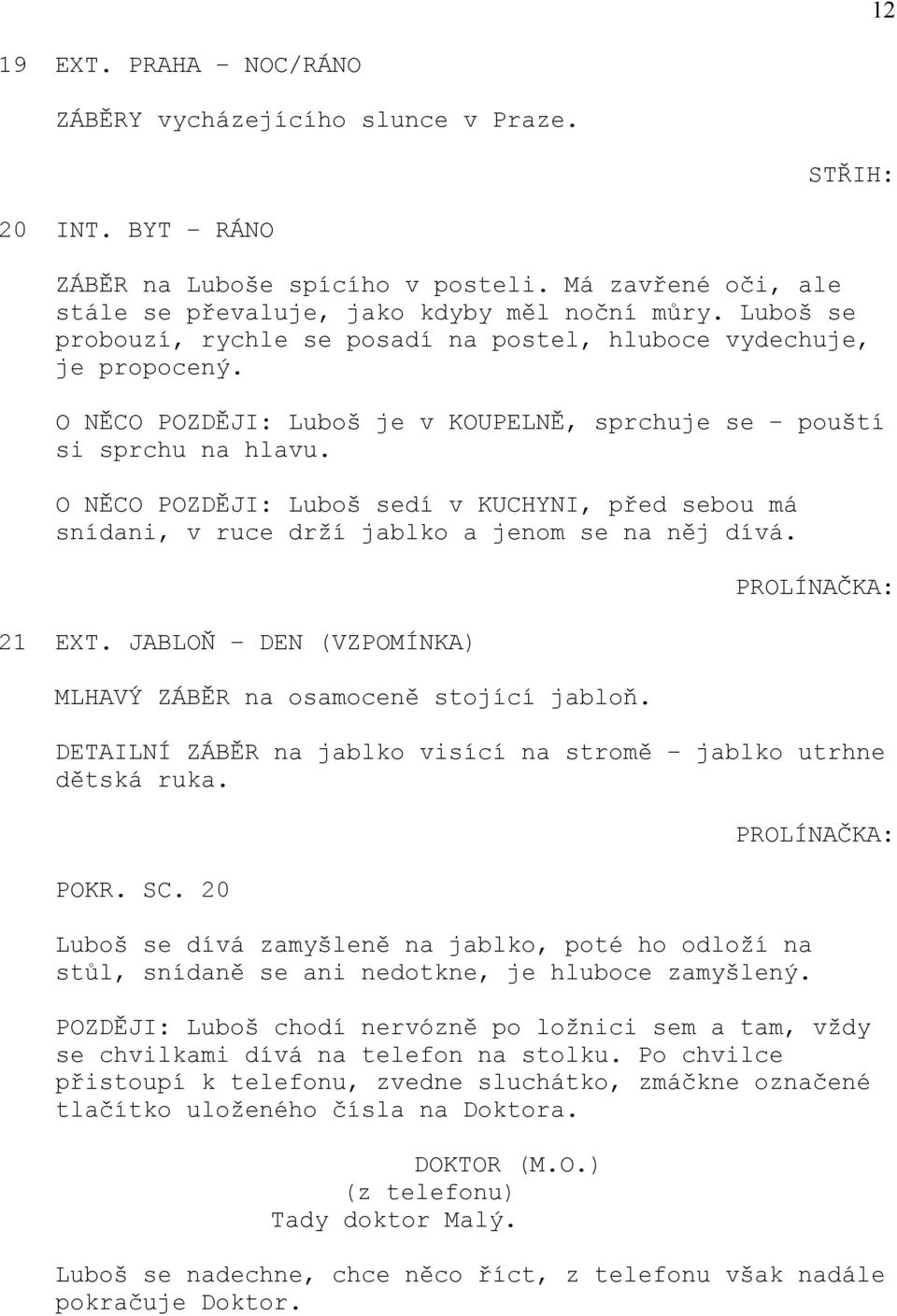 O NĚCO POZDĚJI: Luboš sedí v KUCHYNI, před sebou má snídani, v ruce drží jablko a jenom se na něj dívá. 21 EXT. JABLOŇ DEN (VZPOMÍNKA) MLHAVÝ ZÁBĚR na osamoceně stojící jabloň.