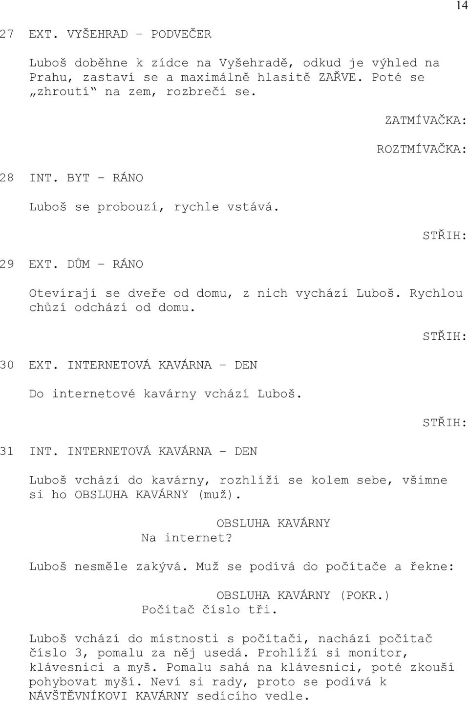 INTERNETOVÁ KAVÁRNA DEN Do internetové kavárny vchází Luboš. 31 INT. INTERNETOVÁ KAVÁRNA DEN Luboš vchází do kavárny, rozhlíží se kolem sebe, všimne si ho OBSLUHA KAVÁRNY (muž).