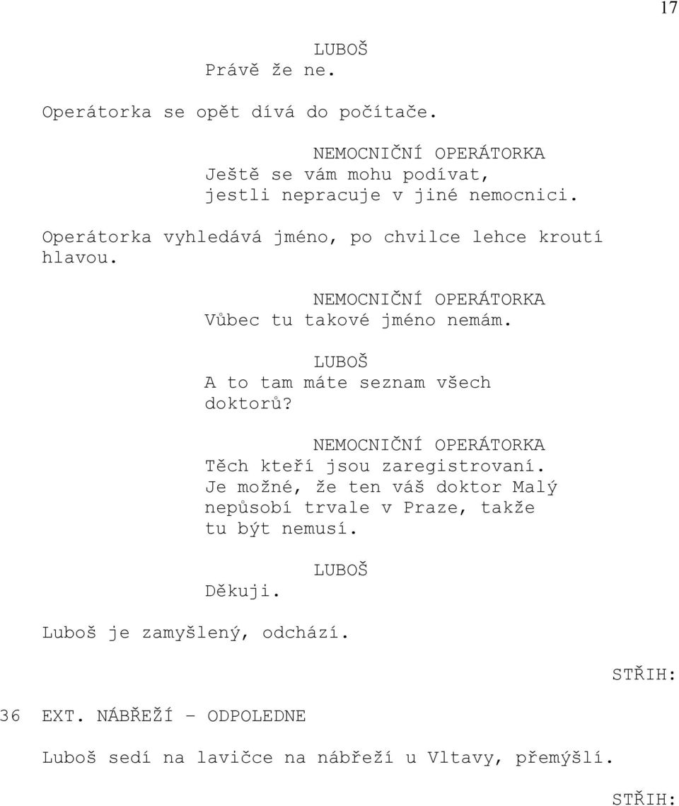 Operátorka vyhledává jméno, po chvilce lehce kroutí hlavou. NEMOCNIČNÍ OPERÁTORKA Vůbec tu takové jméno nemám.