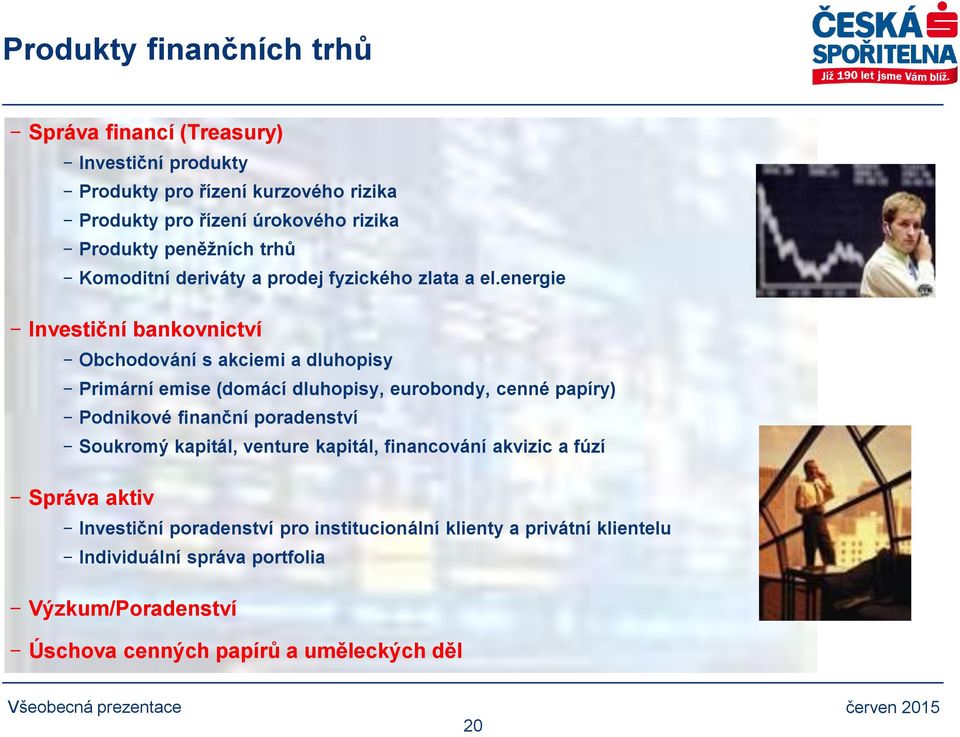 energie Investiční bankovnictví Obchodování s akciemi a dluhopisy Primární emise (domácí dluhopisy, eurobondy, cenné papíry) Podnikové finanční