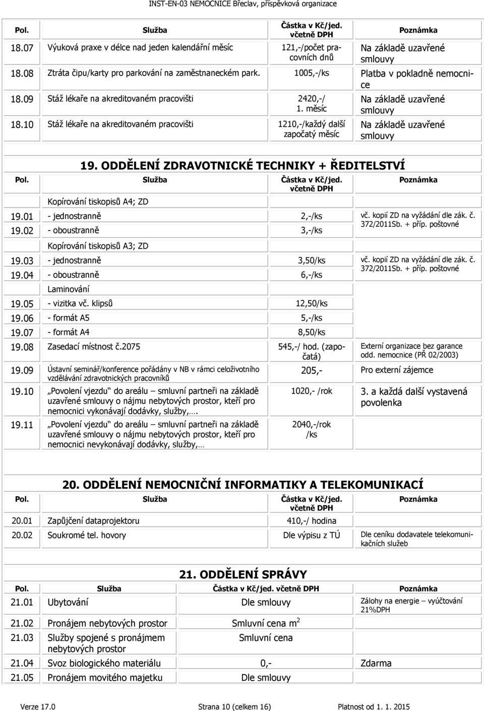 10 Stáž lékaře na akreditovaném pracovišti 1210,-/každý další započatý měsíc Na základě uzavřené smlouvy Na základě uzavřené smlouvy 19.