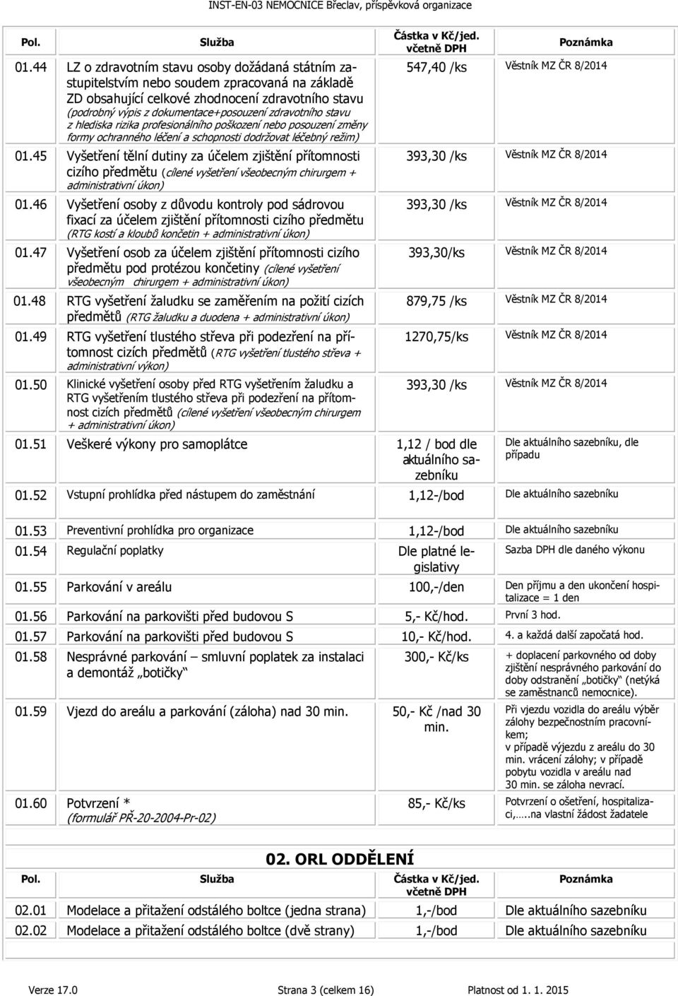 zdravotního stavu z hlediska rizika profesionálního poškození nebo posouzení změny formy ochranného léčení a schopnosti dodržovat léčebný režim) 01.