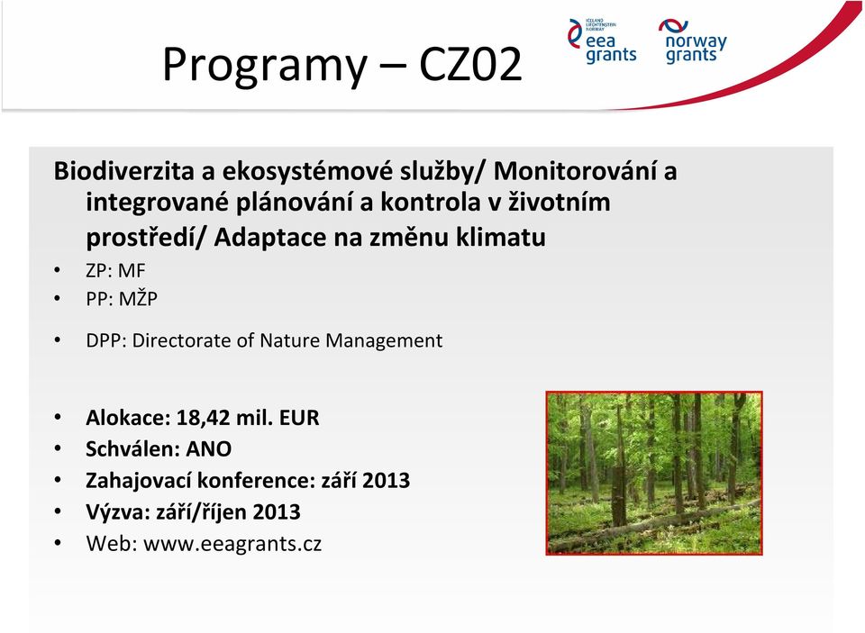 PP: MŽP DPP: Directorate of Nature Management Alokace: 18,42 mil.