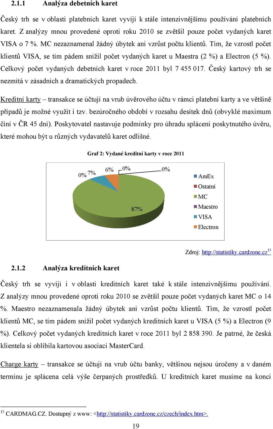 Tím, ţe vzrostl počet klientů VISA, se tím pádem sníţil počet vydaných karet u Maestra (2 %) a Electron (5 %). Celkový počet vydaných debetních karet v roce 2011 byl 7 455 017.