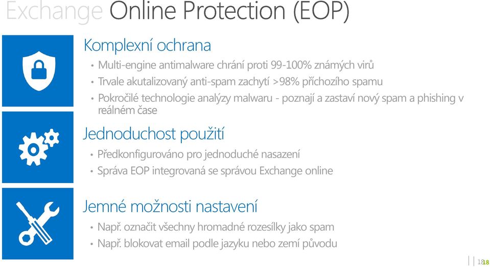 čase Jednoduchost použití Předkonfigurováno pro jednoduché nasazení Správa EOP integrovaná se správou Exchange online