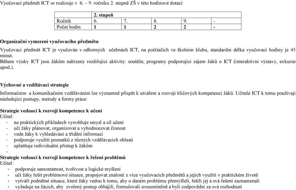 - Počet hodin 1 1 2 2 - Organizační vymezení vyučovacího předmětu Vyučovací předmět ICT je vyučován v odborných učebnách ICT, na počítačích ve školním klubu, standardní délka vyučovací hodiny je 45