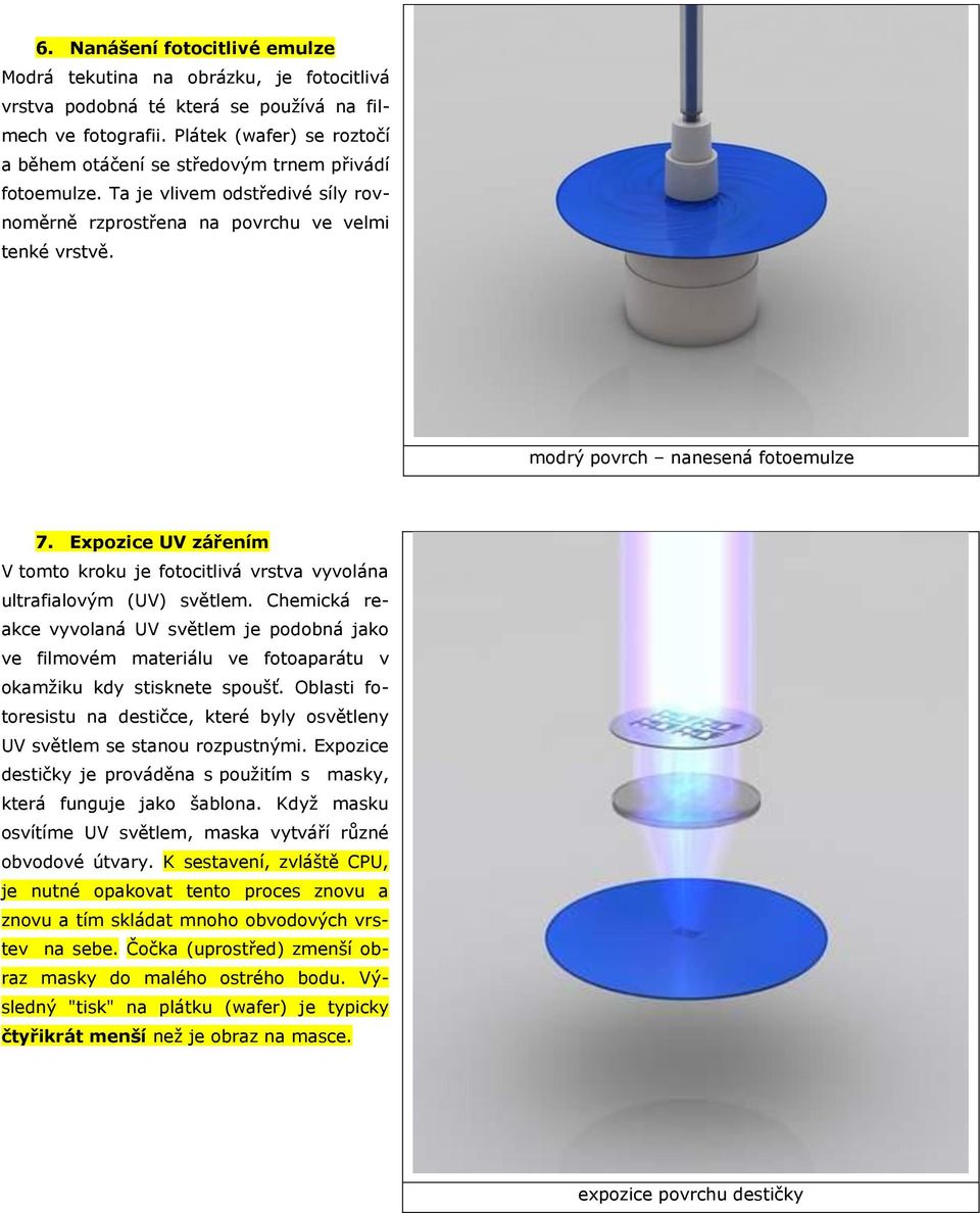 modrý povrch nanesená fotoemulze 7. Expozice UV zářením V tomto kroku je fotocitlivá vrstva vyvolána ultrafialovým (UV) světlem.