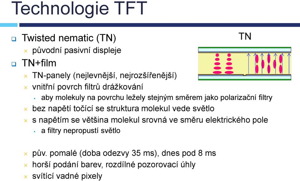 točící se struktura molekul vede světlo s napětím se většina molekul srovná ve směru elektrického pole a filtry