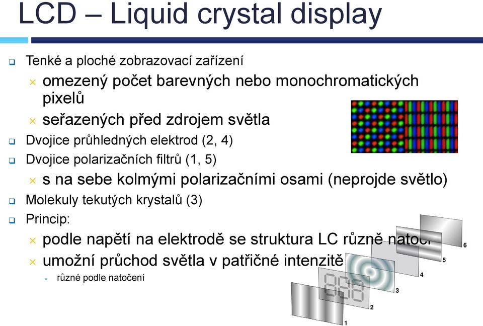 polarizačních filtrů (1, 5) s na sebe kolmými polarizačními osami (neprojde světlo) Molekuly tekutých