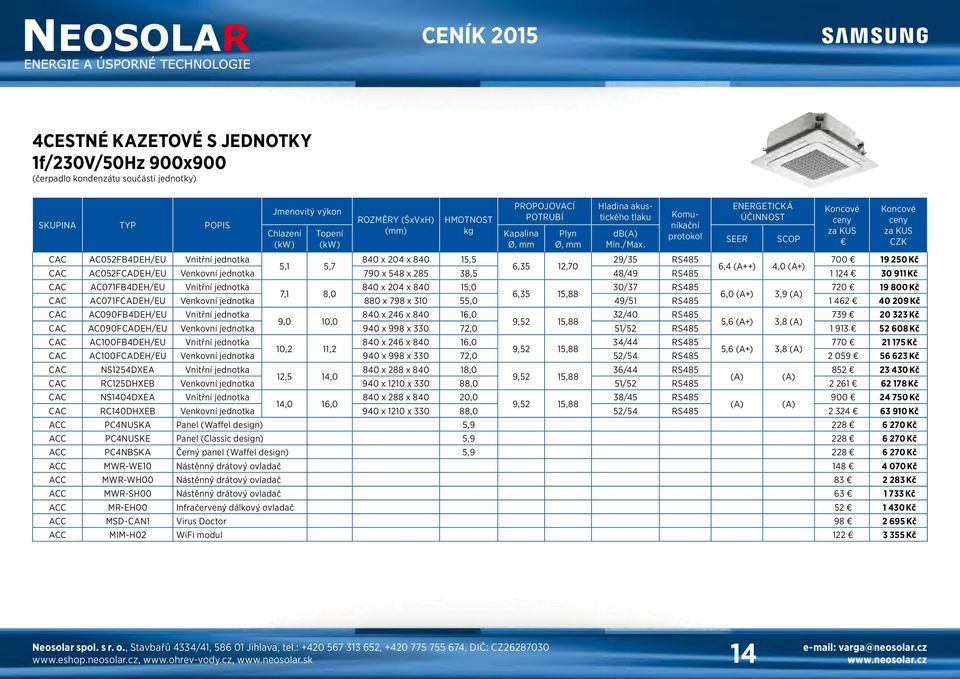 790 x 548 x 285 38,5 48/49 RS485 1 124 30 911 Kč CAC AC071FB4DEH/EU Vnitřní jednotka 840 x 204 x 840 15,0 30/37 RS485 720 19 800 Kč 7,1 8,0 6,35 15,88 6,0 (A+) 3,9 (A) CAC AC071FCADEH/EU Venkovní