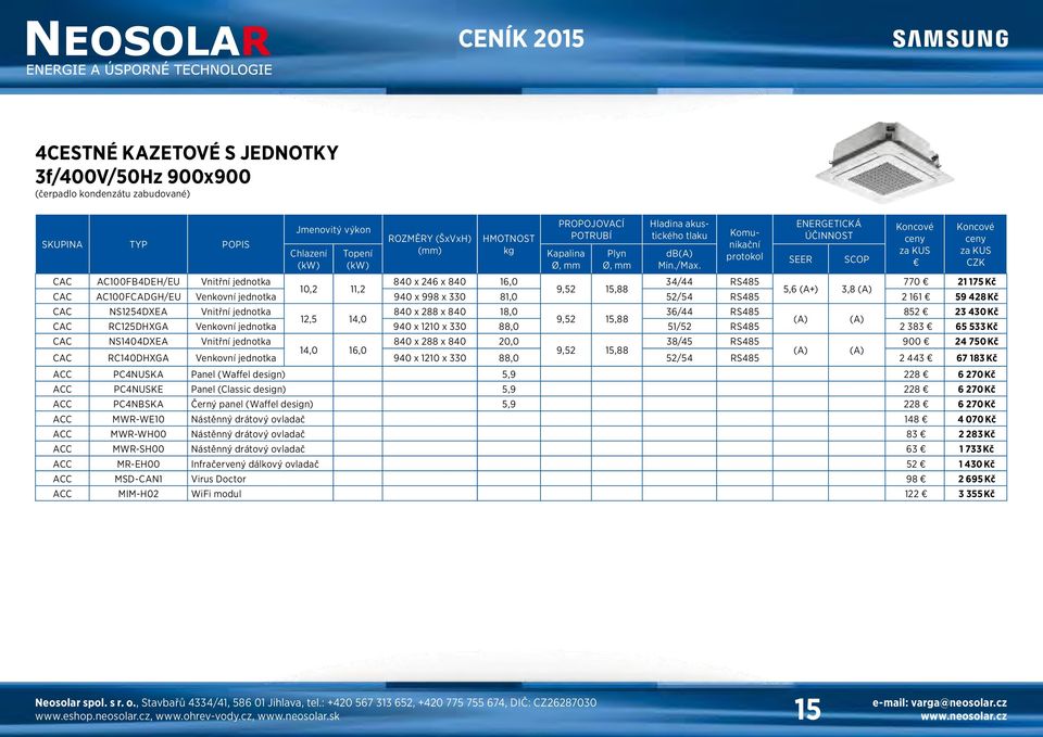 940 x 998 x 330 81,0 52/54 RS485 2 161 59 428 Kč CAC NS1254DXEA Vnitřní jednotka 840 x 288 x 840 18,0 36/44 RS485 852 23 430 Kč 12,5 14,0 9,52 15,88 (A) (A) CAC RC125DHXGA Venkovní jednotka 940 x