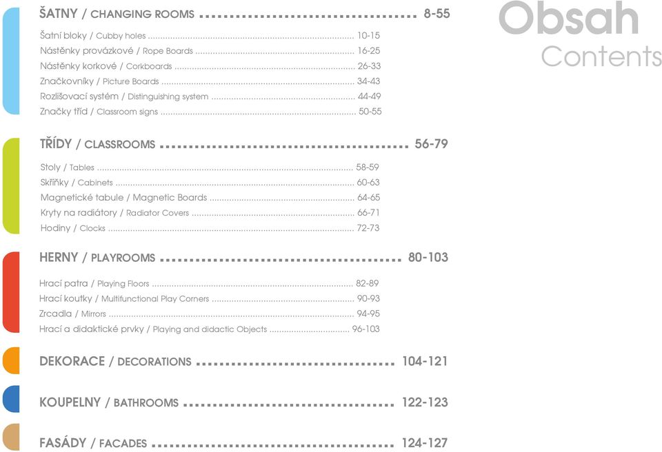 .. 60-63 Magnetické tabule / Magnetic Boards... 64-65 Kryty na radiátory / Radiator Covers... 66-71 Hodiny / Clocks... 72-73 HERNY / PLAYROOMS... 80-103 Hrací patra / Playing Floors.