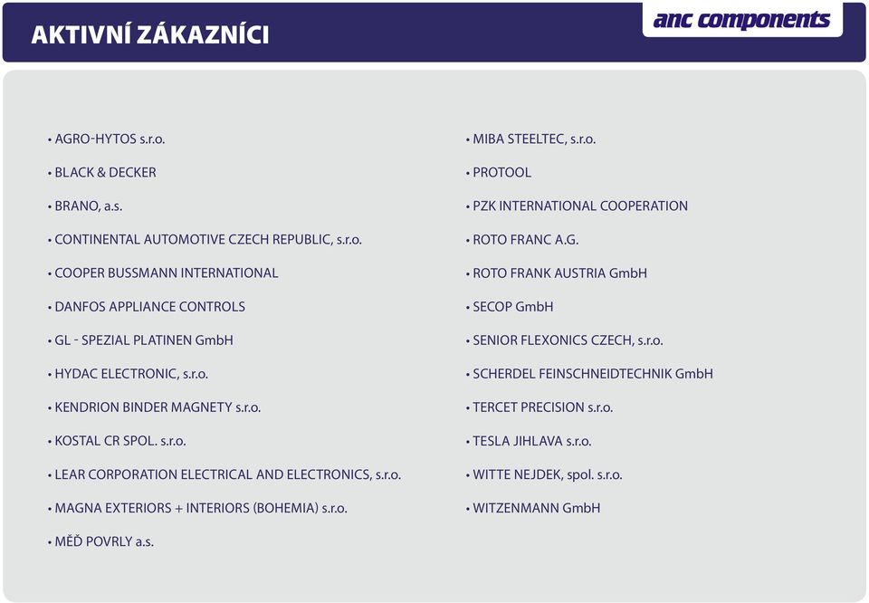 r.o. ProTool PZK international cooperation Roto Franc A.G. ROTO FRANK AUSTRIA GmbH Secop GmbH Senior flexonics czech, s.r.o. SCHERDEL FEINSCHNEIDTECHNIK GmbH Tercet Precision s.