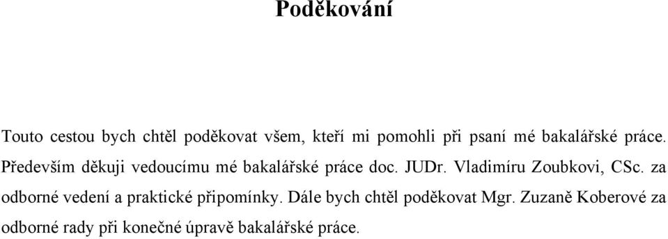 Vladimíru Zoubkovi, CSc. za odborné vedení a praktické připomínky.