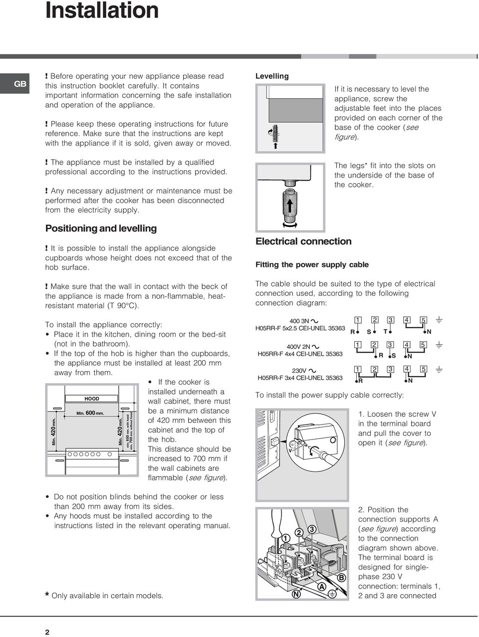 Levelling If it is necessary to level the appliance, screw the adjustable feet into the places provided on each corner of the base of the cooker (see figure).