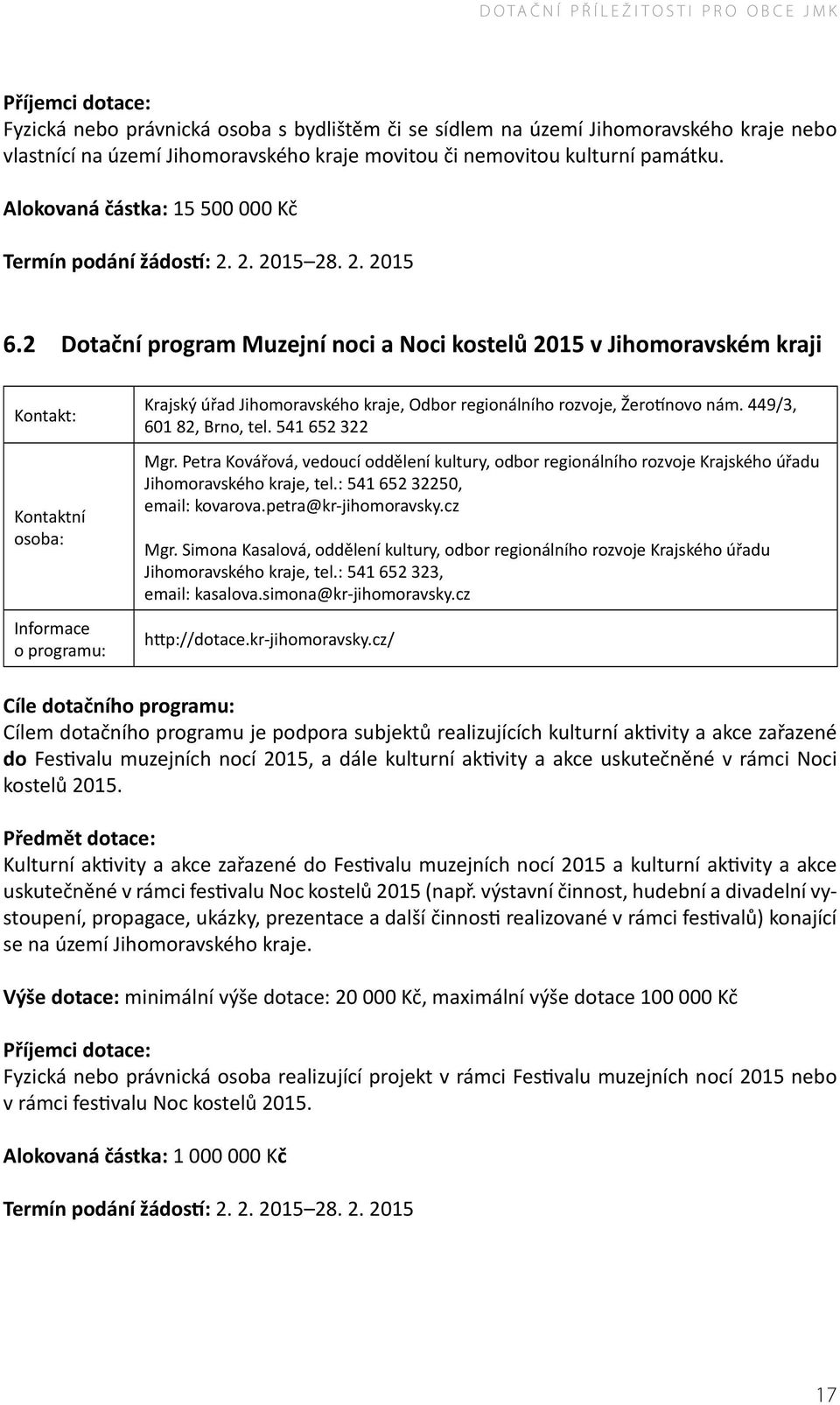 2 Dotační program Muzejní noci a Noci kostelů 2015 v Jihomoravském kraji Krajský úřad Jihomoravského kraje, Odbor regionálního rozvoje, Žerotínovo nám. 449/3, 601 82, Brno, tel. 541 652 322 Mgr.