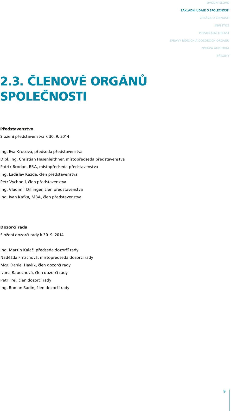 Ladislav Kazda, člen představenstva Petr Vychodil, člen představenstva Ing. Vladimír Dillinger, člen představenstva Ing. Ivan Kafka, MBA, člen představenstva Dozorčí rada Složení dozorčí rady k 30. 9.