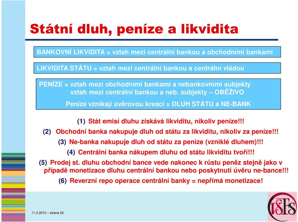 !! (2) Obchodní banka nakupuje dluh od státu za likviditu, nikoliv za peníze!!! (3) Ne-banka nakupuje dluh od státu za peníze (vzniklé dluhem)!