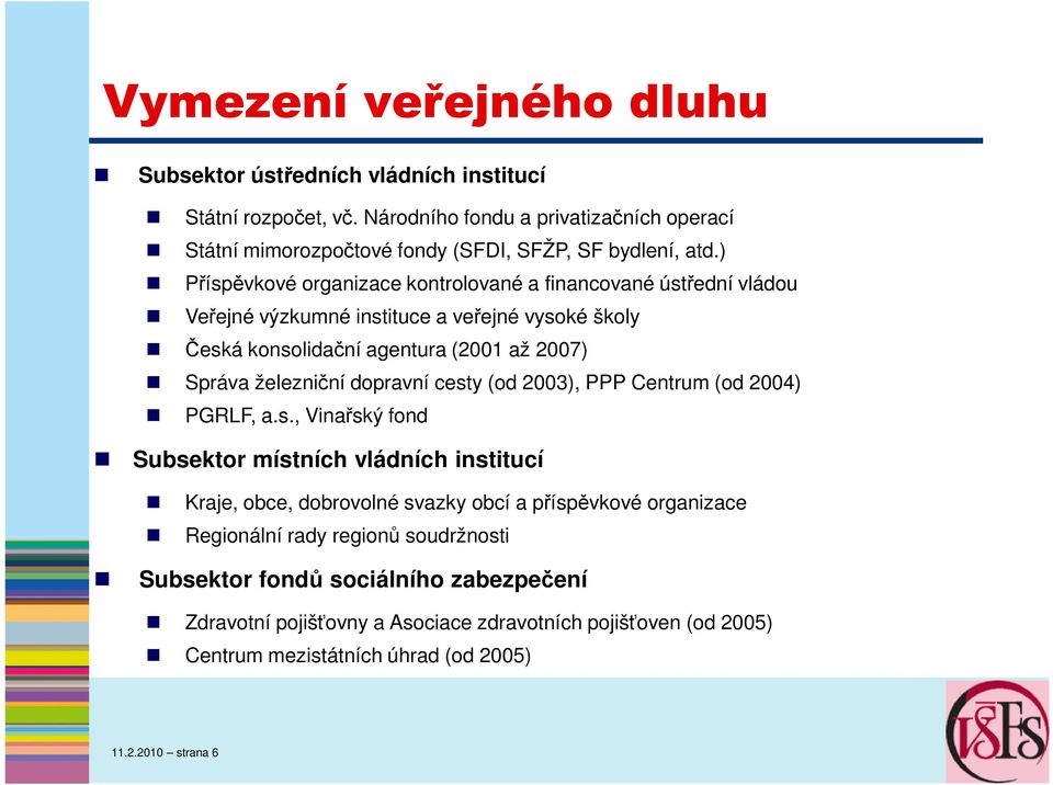 ) Příspěvkové organizace kontrolované a financované ústřední vládou Veřejné výzkumné instituce a veřejné vysoké školy Česká konsolidační agentura (2001 až 2007) Správa železniční