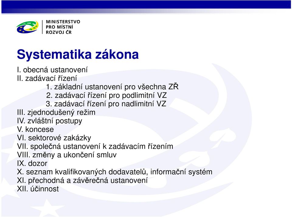 zvláštní postupy V. koncese VI. sektorové zakázky VII. společná ustanovení k zadávacím řízením VIII.