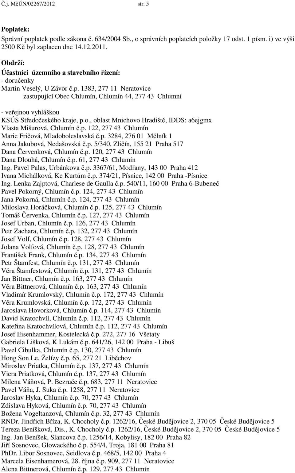 1383, 277 11 Neratovice zastupující Obec Chlumín, Chlumín 44, 277 43 Chlumní - veřejnou vyhláškou KSÚS Středočeského kraje, p.o., oblast Mnichovo Hradiště, IDDS: a6ejgmx Vlasta Mišurová, Chlumín č.p. 122, 277 43 Chlumín Marie Fričová, Mladoboleslavská č.