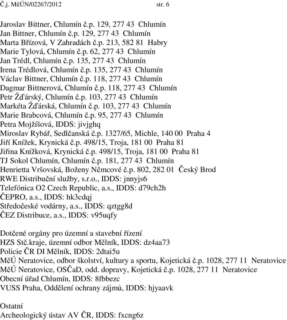 p. 103, 277 43 Chlumín Markéta Žďárská, Chlumín č.p. 103, 277 43 Chlumín Marie Brabcová, Chlumín č.p. 95, 277 43 Chlumín Petra Mojžíšová, IDDS: jivjghq Miroslav Rybář, Sedlčanská č.p. 1327/65, Michle, 140 00 Praha 4 Jiří Knížek, Krynická č.