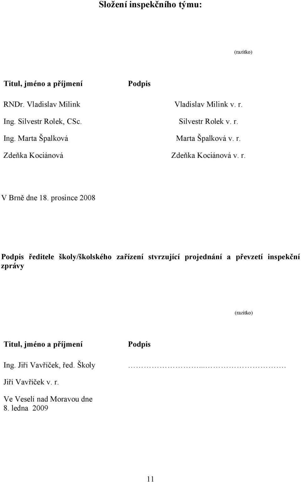 prosince 2008 Podpis ředitele školy/školského zařízení stvrzující projednání a převzetí inspekční zprávy (razítko) Titul,