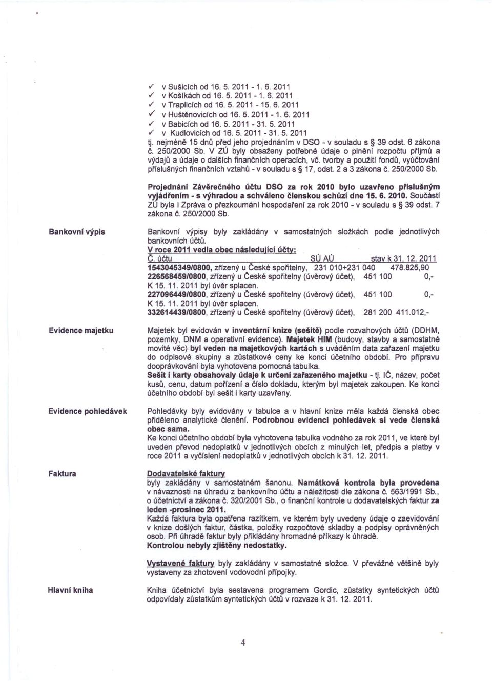 V ZÚ byly obsaženy potřebné údaje o plněnf rozpočtu přljmů a výdajů a údaje o dalších finančnlch operacfch, vč. tvorby a použitl fondů, vyúčtovánf přlslašných finančních vztahů - v souladu s 17, odst.