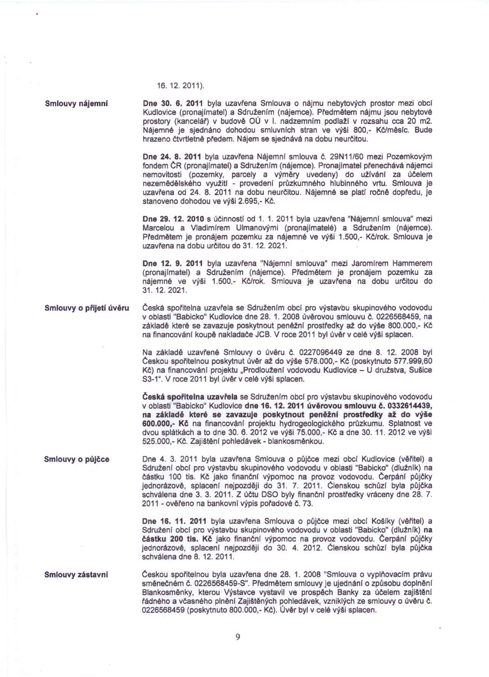 Bude hrazeno čtvrtletně předem, Nájem se sjednává na dobu neurčitou. Dne 24. 8. 2011 byla uzavřena Nájemnl smlouva Č. 29N11/60 mezi Pozemkovým fondem CR (pronajlmatel) a Sdruženlm (nájemce).