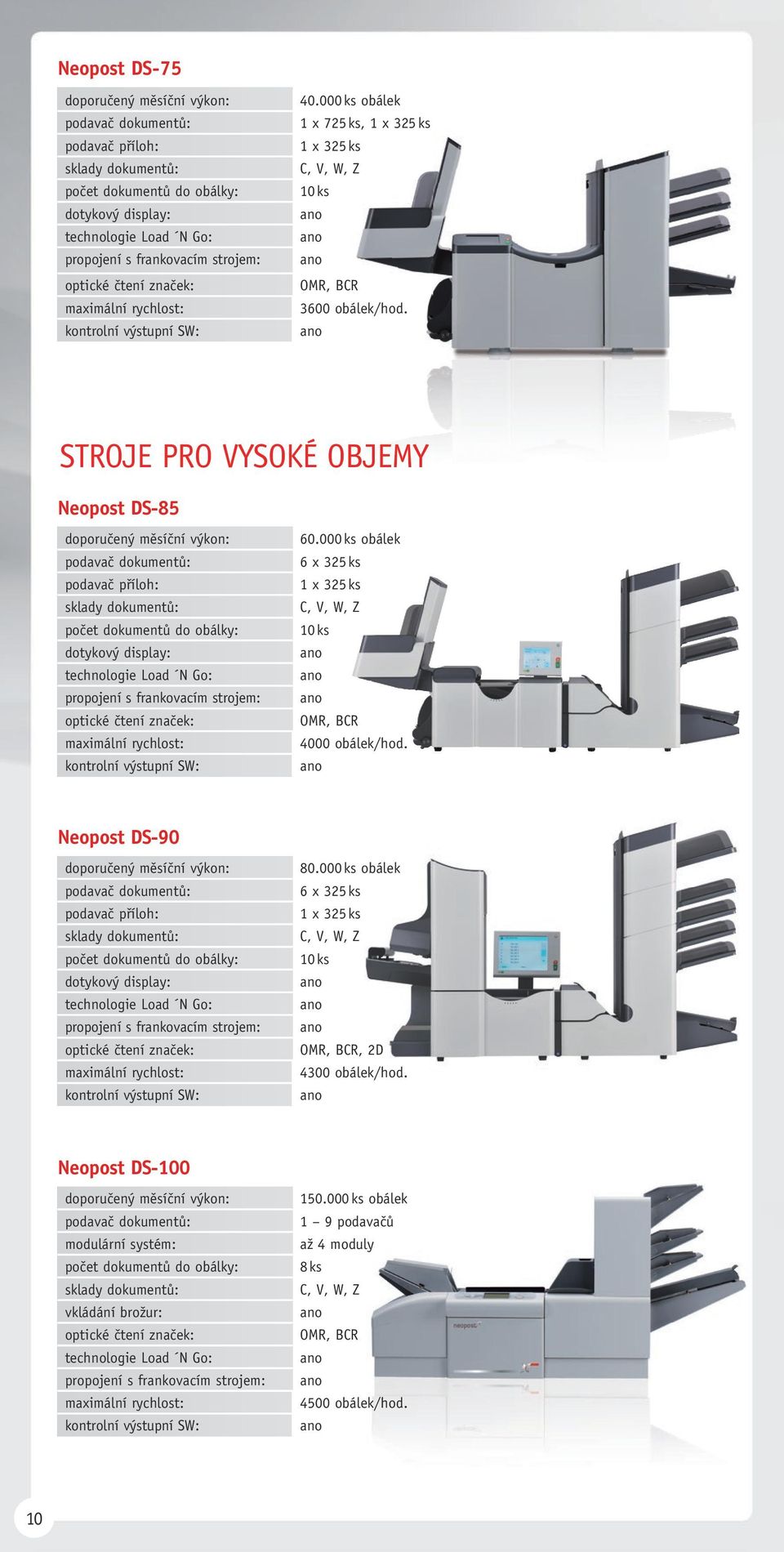 stroje pro vysoké objemy neopost DS-85 doporučený měsíční výkon: podavač dokumentů: podavač příloh: sklady dokumentů: počet dokumentů do obálky: dotykový display: technologie Load N Go: propojení s