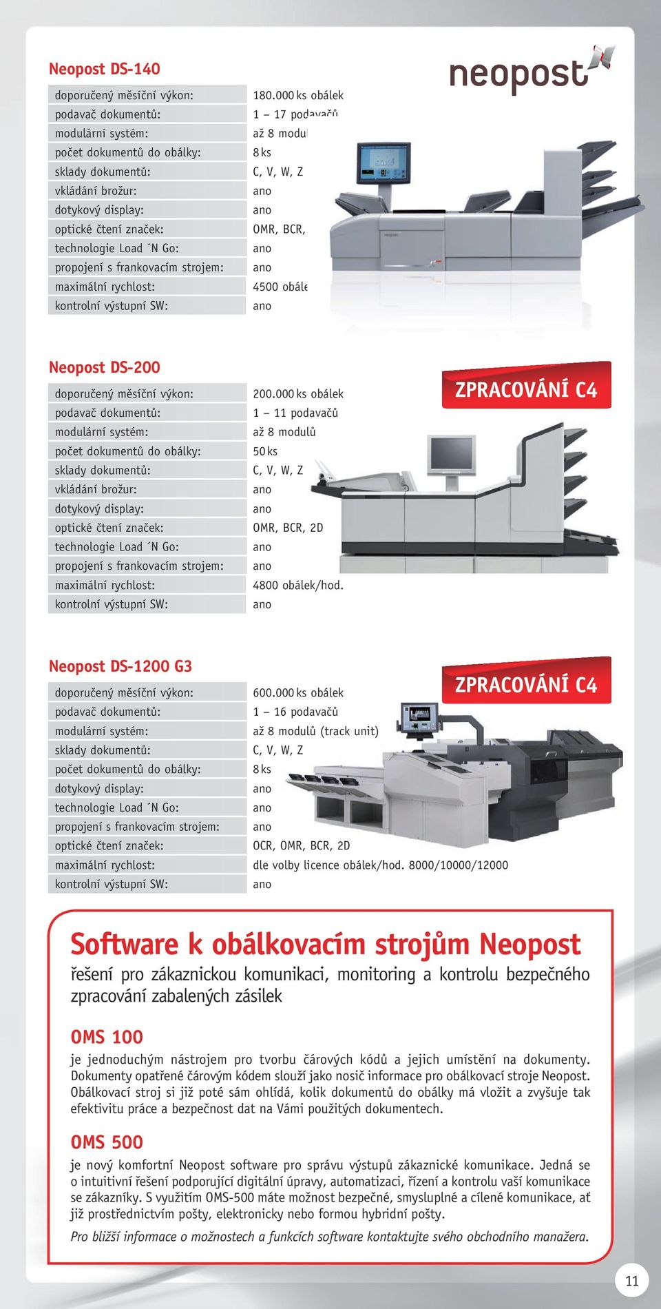 neopost DS-200 doporučený měsíční výkon: podavač dokumentů: modulární systém: počet dokumentů do obálky: sklady dokumentů: vkládání brožur: dotykový display: optické čtení značek: technologie Load N