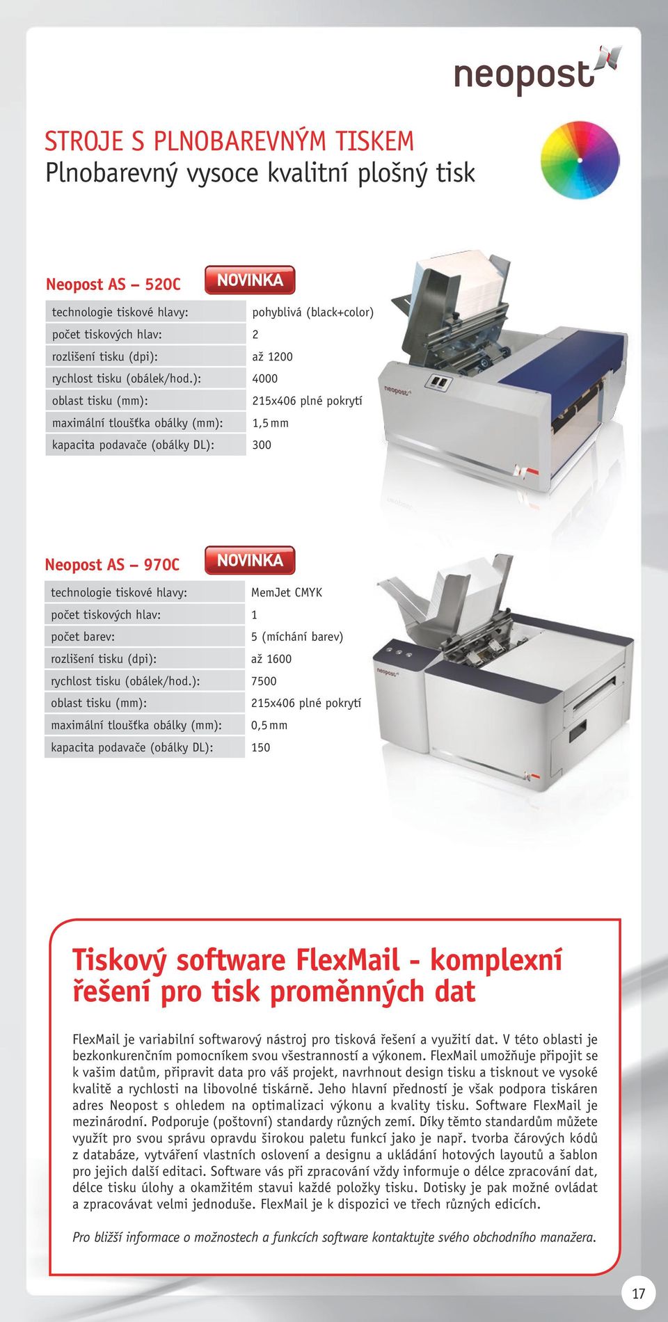 ): 4000 oblast tisku (mm): 215x406 plné pokrytí maximální tloušťka obálky (mm): 1,5 mm kapacita podavače (obálky DL): 300 neopost AS 970C technologie tiskové hlavy: MemJet CMYK počet tiskových hlav: