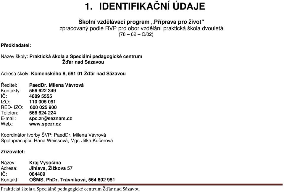 Milena Vávrová Kontakty: 566 622 349 IČ: 4889 5555 IZO: 110 005 091 RED- IZO: 600 025 900 Telefon: 566 624 224 E-mail: spc.zr@seznam.cz Web.: www.spczr.