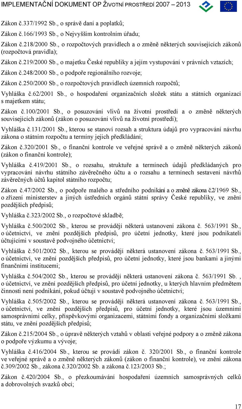 248/2000 Sb., o podpoře regionálního rozvoje; Zákon č.250/2000 Sb., o rozpočtových pravidlech územních rozpočtů; Vyhláška č.62/2001 Sb.