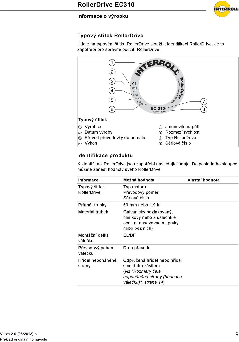 Jmenovité napětí 6 Rozmezí rychlosti 7 Typ RollerDrive 8 Sériové číslo Identifikace produktu K identifikaci RollerDrive jsou zapotřebí následující údaje.